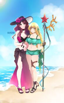 2girls artist_name bare_arms bare_legs bare_shoulders beach bikini blonde_hair breasts cleavage collarbone dorothea_arnault dorothea_arnault_(summer) fire_emblem fire_emblem:_three_houses fire_emblem_heroes flower full_body gladiator_sandals green_bikini green_eyes hair_flower hair_ornament hat highres holding holding_polearm holding_weapon ingrid_brandl_galatea ingrid_brandl_galatea_(summer) kalycoris large_breasts long_hair looking_at_another medium_breasts multiple_girls nail_polish navel nintendo ocean official_alternate_costume outdoors polearm purple_bikini purple_nails sandals stomach sun_hat swimsuit toenail_polish toenails very_long_hair weapon yuri