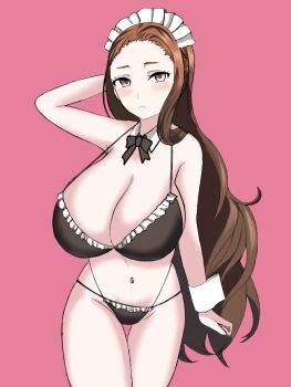 0vg2zj577884x7m 1girl bikini breasts brown_hair closed_mouth grey_eyes grimms_notes highres huge_breasts long_hair looking_at_viewer maid maid_bikini mona_lisa_(grimms_notes) navel pink_background simple_background solo swimsuit unconventional_maid very_long_hair