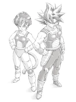 1boy 1girl absurdres arm_warmers bardock boots commentary_request cross_scar dragon_ball dragon_ball_minus dragonball_z earrings full_body gloves greyscale hands_on_own_hips highres jewelry knee_pads leggings leotard momo_oddeye monkey_boy monkey_girl monkey_tail monochrome muscular muscular_male saiyan saiyan_armor scar scouter seripa short_hair single_thighhigh spiked_hair tail tail_around_own_waist thighhighs white_background
