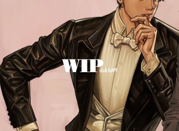 1boy 1other black_jacket bow bowtie character_request check_character collared_shirt commentary_request dalchi09 eyes_out_of_frame hand_up head_out_of_frame head_rest jacket kim_dokja korean_commentary male_focus omniscient_reader's_viewpoint out_of_frame parted_lips shirt vest white_shirt white_vest yoo_joonghyuk