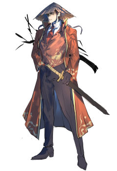 Rule 34 | 1boy, absurdres, animal print, bamboo-hatted kim, black boots, black eyes, black gloves, black hair, black pants, blue eyes, boots, coat, collared shirt, commentary request, dated, gloves, gold trim, hand in pocket, hat, heterochromia, high collar, highres, holding, jacket, jingasa, lapels, limbus company, liu association south uniform, long coat, looking at viewer, male focus, necktie, notched lapels, open clothes, open coat, pants, project moon, red jacket, red necktie, scar, scar on face, sheath, sheathed, shirt, shoggoth (sirens20211), short hair, standing, suit jacket, torn clothes, torn hat, weapon, white background, white shirt