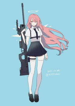 1girl 55555may absurdres ai_arctic_warfare arknights black_necktie black_shoes black_skirt blue_background bolt_action chest_harness commentary_request dated detached_wings energy_wings floating_hair full_body gun halo harness highres holding holding_gun holding_weapon lemuen_(arknights) loafers long_hair looking_at_viewer necktie pink_eyes pink_hair pleated_skirt pouch rifle shirt shirt_tucked_in shoes short_sleeves simple_background skirt sniper_rifle solo standing thigh_pouch thighhighs traditional_halo twitter_username very_long_hair weapon white_halo white_shirt white_thighhighs wings zettai_ryouiki