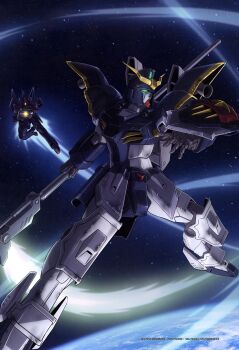 Rule 34 | absurdres, artist request, beam scythe, earth (planet), energy, energy beam, energy blade, energy cannon, energy gun, energy scythe, energy weapon, flying, glowing, glowing eyes, glowing weapon, gun, gundam, gundam deathscythe, gundam wing, highres, holding, holding gun, holding scythe, holding weapon, mecha, no humans, non-web source, official art, planet, robot, scythe, space, taurus (mobile suit), v-fin, weapon