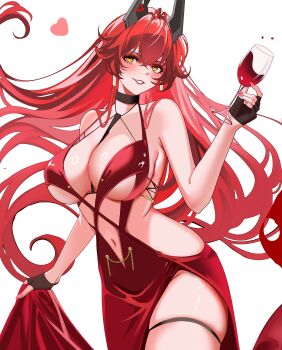 1girl absurdres between_breasts black_choker black_gloves black_horns black_necktie breasts choker commentary cup dress drinking_glass evening_gown fingerless_gloves gloves goddess_of_victory:_nikke heart highres holding holding_cup horns large_breasts long_hair looking_at_viewer mechanical_horns necktie necktie_between_breasts official_alternate_costume red_hood_(nikke) red_hood_(nonsense_red)_(nikke) revealing_clothes simple_background solo velmillix very_long_hair white_background wine_glass yellow_eyes