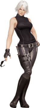 1girl 3d belt black_gloves boots breasts christie_(doa) copyright_notice dead_or_alive dead_or_alive_6 female_focus fingerless_gloves full_body gloves hand_on_own_hip highres holding holding_removed_eyewear knife large_breasts leather leather_pants looking_at_viewer matching_hair/eyes official_art pants parted_lips short_hair smile solo sunglasses tagme tecmo turtleneck unworn_eyewear white_eyes white_hair