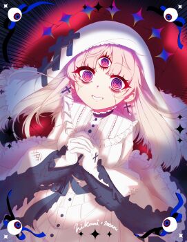 1girl blonde_hair character_name cracked_skin crazy_eyes crazy_smile cross cross_earrings dark_persona dress earrings eyeball frilled_dress frilled_sleeves frills gloves hands_up hashtag-only_commentary highres hikami_meruru interlocked_fingers jewelry long_hair long_sleeves looking_at_viewer mahou_shoujo_no_majo_saiban own_hands_together priestess purple_eyes red_background smile solo spoilers sui_is_dead tears third_eye veil white_dress white_gloves white_veil witch_(manosaba)