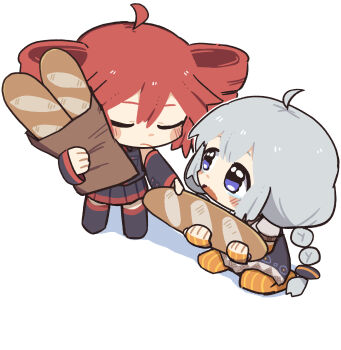 2girls ahoge baguette bare_shoulders black_boots black_dress black_shirt black_skirt black_sleeves blush_stickers boots braid bread chibi chibi_only closed_eyes closed_mouth commentary_request detached_sleeves double-parted_bangs dress drill_hair elbow_gloves fingerless_gloves food full_body gloves grey_hair highres holding holding_food kasane_teto kasane_teto_(utau) kizuna_akari konohoshi long_sleeves looking_at_another miniskirt multiple_girls no_shoes open_mouth orange_gloves orange_pantyhose pantyhose pleated_skirt purple_eyes red_hair shirt short_hair short_sleeves simple_background sitting skirt sleeveless sleeveless_shirt standing striped_clothes striped_gloves striped_pantyhose thigh_boots thighhighs twin_braids twin_drills utau vocaloid voiceroid white_background zettai_ryouiki