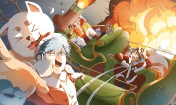 Rule 34 | > <, 1girl, 2boys, alternate costume, animal, antlers, black eyes, black hair, blue hair, boots, christmas, closed eyes, commentary request, dog, explosion, fake beard, fake facial hair, fake horns, fur-trimmed boots, fur-trimmed headwear, fur trim, gintama, glasses, hat, highres, holding, holding sack, horns, jacket, kagura (gintama), long sleeves, multiple boys, nu gintama, open mouth, pants, pink hair, red boots, red hat, red jacket, red pants, red shorts, reindeer antlers, rocket launcher, sack, sadaharu, sakata gintoki, santa costume, santa hat, shimura shinpachi, short hair, shorts, smile, tongue, tongue out, twitter username, weapon, white fur