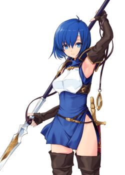 1girl aqua_eyes armor armpits belt blue_dress blue_hair boots breastplate brown_gloves catria_(fire_emblem) commentary_request dress elbow_gloves fingerless_gloves fire_emblem fire_emblem:_mystery_of_the_emblem gloves gold_trim hair_between_eyes headband highres holding holding_behind_back holding_polearm holding_weapon holding_weapon_behind_back kirishima_satoshi looking_at_viewer nintendo pauldrons polearm scabbard sheath sheathed short_dress short_hair shoulder_armor side_slit sleeveless smile solo sword thigh_boots thighs turtleneck turtleneck_dress weapon white_headband
