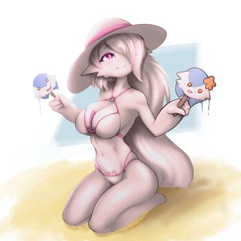 Rule 34 | 1girl, alternate color, alternate shiny pokemon, bare shoulders, barefoot, bikini, blueman282, blush, breasts, bright pupils, cleavage, collarbone, colored skin, dripping, female focus, food, foodification, full body, gardevoir, gen 3 pokemon, hair over one eye, hands up, happy, hat, holding, holding food, holding popsicle, kneeling, large breasts, long hair, looking afar, looking up, melting, multi-strapped bikini bottom, navel, nintendo, no feet, on ground, one eye covered, pink bikini, pink eyes, pink hair, pink skin, pink trim, pokemon, pokemon (creature), popsicle, pubic tattoo, sand, seiza, shiny pokemon, shiny skin, sidelocks, sitting, skindentation, smile, solo, stomach, string bikini, sun hat, swimsuit, tattoo, thighs, very long hair, white hat, white pupils
