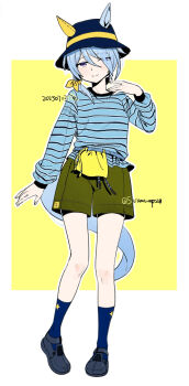 Rule 34 | 1girl, absurdres, animal ears, blue eyes, blue hair, blue shirt, blue socks, blush, breasts, bucket hat, closed mouth, commentary request, ear covers, ears through headwear, full body, green shorts, hair between eyes, hat, highres, horse ears, horse girl, horse tail, k.s.miracle (umamusume), long sleeves, looking at viewer, saramiao-chan, shirt, shoes, short hair, shorts, single ear cover, smile, socks, solo, striped clothes, striped shirt, tail, umamusume