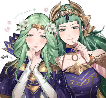 2girls arm_wrap blush breasts circlet closed_mouth collarbone commentary_request dress fire_emblem fire_emblem:_fortune&#039;s_weave fire_emblem:_three_houses flower green_eyes green_hair hair_flower hair_ornament headpiece heart height_difference highres long_hair looking_at_viewer medium_breasts mother_and_daughter multiple_girls nintendo pointy_ears purple_dress rhea_(fire_emblem) ribbon smile sothis_(adult)_(fire_emblem) sothis_(fire_emblem) tani11a tassel tassel_hair_ornament tiara upper_body