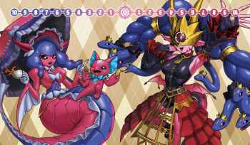 Rule 34 | 2girls, armpits, bare shoulders, biscuit (bread), black shorts, black vest, blue hair, breasts, colored skin, commentary request, cookie, cup, digimon, digimon (creature), digimon card game, elizamon, evolutionary line, food, hair ornament, highres, holding, holding cup, kennythecat5883, korean commentary, lamia, lamiamon, long hair, medium breasts, medusamon, monster girl, multiple girls, pink skin, red skirt, shorts, skirt, snake hair ornament, teacup, vest