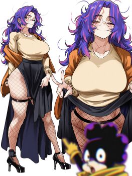 1boy 1girl absurdres black_shoes black_skirt blurry blurry_foreground boku_no_hero_academia breasts closed_mouth collarbone commentary_request convenient_censoring fishnet_pantyhose fishnets glasses highres lady_nagant large_breasts long_hair looking_at_viewer mineta_minoru multicolored_hair multiple_views one_eye_closed pantyhose purple_hair round_eyewear scar scar_across_eye scar_on_face scar_on_neck shoes simple_background skirt smile spanish_commentary standing thigh_strap two-tone_hair vlizz white_background