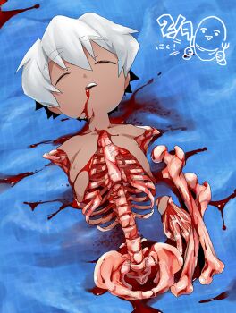 1boy amputee bleeding blood blood_drip blood_from_mouth blood_on_body blood_on_face blood_stain bone character_request check_character closed_eyes commentary_request death deep_wound dismemberment etrian_odyssey exposed_bone exposed_muscle fafnir_no_kishi_(sekaiju) guro injury lying male_focus mutilation on_back on_ground on_table pool_of_blood quadruple_amputee ribs sekaiju_no_meikyuu sekaiju_no_meikyuu_2 skeleton suno_(imydream) table tan torn_skin white_hair
