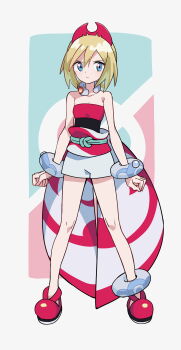 1girl absurdres bare_shoulders blonde_hair blue_eyes breasts cleavage closed_mouth collarbone full_body highres irida_(pokemon) looking_at_viewer nintendo osisio pokemon pokemon_legends:_arceus red_shoes shoes short_hair short_shorts shorts small_breasts solo standing strapless white_shorts