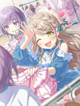 +_+ 2girls against_mirror agarie_nagi artist_request bare_shoulders blue_dress blue_eyes bow braid braided_bangs brown_eyes brown_hair clothes_hanger clothes_rack dress frilled_dress frills hair_bow hair_ornament hairclip hairpin heart holding holding_clothes_hanger holding_unworn_clothes holding_unworn_dress indoors kotomori_airi long_hair medium_hair multiple_girls official_art ok_sign one_eye_closed open_mouth pink_dress purple_hair shine_post shirt smile teeth unworn_dress upper_teeth_only very_long_hair white_shirt