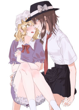 2girls absurdres black_hat black_skirt blonde_hair bloomers blush bow bowtie breasts brown_eyes brown_hair buttons closed_mouth collared_dress collared_shirt commentary_request dress feet_out_of_frame fingernails frills hair_between_eyes hair_bow hand_around_waist hat hat_bow highres korean_commentary looking_at_another maribel_hearn medium_breasts mob_cap multiple_girls necktie open_mouth pleated_skirt puffy_short_sleeves puffy_sleeves purple_dress red_bow red_bowtie red_necktie shirt short_hair short_sleeves simple_background single_sidelock sitting skirt socks spread_legs teeth touhou tt_orang underwear usami_renko wavy_hair white_background white_bloomers white_bow white_hat white_socks wide-eyed yellow_eyes yuri