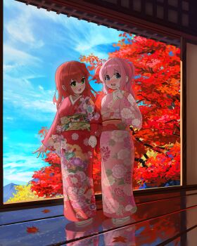 2girls absurdres alternate_costume alternate_hairstyle autumn autumn_leaves blue_ribbon blue_sky blush bocchi_the_rock! colorful commentary_request day floral_print floral_print_kimono geta gotoh_hitori hair_between_eyes hand_up highres holding_hands indoors japanese_clothes karmanima0w0 kimono kita_ikuyo leaf long_hair long_sleeves looking_at_another looking_to_the_side maple_leaf multiple_girls nose_blush obi one_side_up open_mouth pink_kimono ponytail print_kimono raised_inner_eyebrows red_hair red_kimono reflection reflective_floor ribbon sash sky standing wavy_mouth wide_sleeves window yellow_eyes