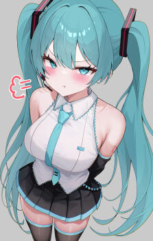 1girl :t absurdres alternate_breast_size_(larger) aqua_eyes aqua_hair aqua_necktie aqua_trim arm_tattoo armpit_crease arms_behind_back black_skirt blush breasts closed_mouth collared_shirt eikawa_suru grey_background hair_between_eyes hair_ornament hatsune_miku headset highres large_breasts long_hair looking_at_viewer miniskirt necktie number_tattoo pleated_skirt pout shirt simple_background skirt sleeveless sleeveless_shirt solo tattoo thighhighs twintails very_long_hair vocaloid white_shirt zettai_ryouiki