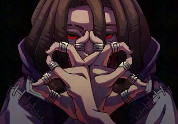 1boy black_background black_nails brown_hair dreadlocks flexible gachiakuta hood hood_down hooded_jacket jabber_wonger jacket jewelry long_hair looking_at_viewer male_focus multiple_rings purple_jacket red_eyes ring simple_background solo symmetry teo_(teorekka)