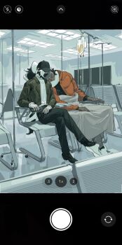 Rule 34 | 2boys, alternate costume, black nails, black pants, black shoes, blanket, closed eyes, dark-skinned male, dark skin, fake phone screenshot, fake screenshot, hat, highres, holding, holding phone, hospital, intravenous drip, jacket, leaning to the side, long sleeves, male focus, mask, molymes, mouth mask, multicolored hair, multiple boys, nail polish, nintendo, open clothes, open jacket, orange jacket, pants, phone, piers (pokemon), pokemon, pokemon swsh, raihan (pokemon), ribbed sweater, scarf, scarf over mouth, shoes, sitting, sweater, two-tone hair