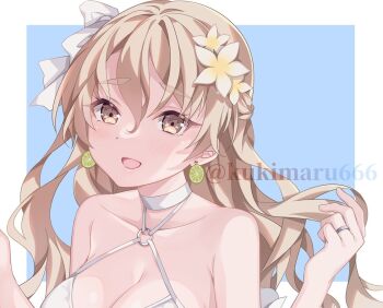 1girl blonde_hair blush breasts brown_eyes casual_one-piece_swimsuit choker commentary_request cosplay earrings flower food-themed_earrings food_themed_earrings frilled_one-piece_swimsuit frills hair_between_eyes hair_flower hair_ornament jewelry kantai_collection kukimaru lemon_earrings long_hair looking_at_viewer medium_breasts one-piece_swimsuit ring sagiri_(kancolle) sagiri_(kancolle)_(cosplay) sagiri_(swimsuit)_(kancolle) side-tie_swimsuit smile solo swimsuit upper_body wavy_hair wedding_ring white_choker white_one-piece_swimsuit zara_(kancolle)