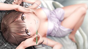1girl 1other artist_request babydoll bare_legs barefoot blurry blurry_background breasts brown_eyes brown_hair closed_mouth commentary_request depth_of_field double_strap_slip holding holding_toothbrush lying medium_breasts on_back purple_babydoll seifuku_kanojo short_hair smile solo_focus strap_slip tamayori_himari toothbrush