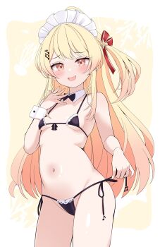 1girl bikini blonde_hair bow bowtie breasts cocozasa detached_collar fortissimo frills hair_ornament hair_ribbon hairclip highres hololive hololive_dev_is long_hair maid_headdress micro_bikini musical_note musical_note_hair_ornament navel one_side_up open_mouth orange_eyes otonose_kanade ribbon small_breasts smile smug solo stomach string_bikini swimsuit virtual_youtuber wrist_cuffs