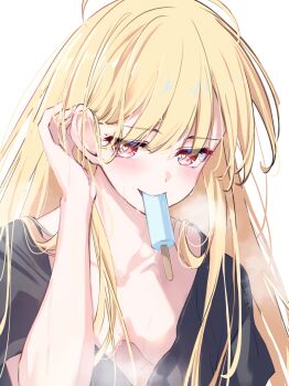 Rule 34 | 1girl, blonde hair, blush, breasts, cho kaguya-hime!, collarbone, commentary request, cuckoo ki, food, food in mouth, heart, heart-shaped pupils, highres, kaguya (cho kaguya-hime!), long hair, looking at viewer, medium breasts, no bra, popsicle, popsicle in mouth, red eyes, simple background, solo, steam, sweat, symbol-shaped pupils, tucking hair, upper body, white background