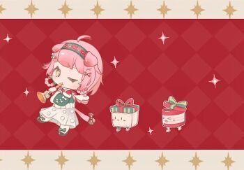 1girl ahoge animal_ears animated animated_gif argyle_background argyle_clothes argyle_hairband arknights backpack bag blinking border bow braid braided_hair_rings brown_bag brown_shoes cat_ears cat_girl cat_tail chibi chinese_commentary christmas commentary_request detached_sleeves expressive_hair fake_wings floppy_ears footwear_bow fox39367 fur-trimmed_shirt fur-trimmed_sleeves fur_trim gift goldenglow_(arknights) goldenglow_(maiden_for_the_bright_night)_(arknights) green_bow green_hairband green_sleeves green_vest hair_bow hair_ornament hair_rings hairband hairclip holding holding_instrument holding_trumpet instrument layered_sleeves leg_up letterboxed long_skirt long_sleeves multiple_hair_bows music official_alternate_costume one_eye_closed pantyhose pink_hair playing_instrument pleated_skirt pom_pom_(clothes) red_background red_bow red_shirt shirt shoes short_hair single_stripe skirt sleeve_bow sparkle striped_bow tail tail_bow tail_ornament trumpet vest walking white_border white_bow white_pantyhose white_skirt white_wings wings x_hair_ornament