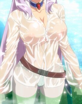 absurdres anime_screenshot annelotte belt breasts highres huge_breasts jewelry nature necklace nipples panties pink_hair queen's_blade river scabbard sheath shirt stitched third-party_edit underwear water wet wet_clothes wet_shirt white_panties