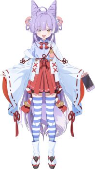 1girl animal_ear_fluff animal_ears controller fox_ears fox_girl fox_tail game_controller hair_ornament heterochromia highres holding holding_controller holding_game_controller inari_(tenko_shibuki) japanese_clothes long_hair long_sleeves looking_at_viewer miko multicolored_hair official_art open_mouth pom_pom_(clothes) pom_pom_hair_ornament purple_hair sandals seicoh solo standing stellive striped_clothes striped_thighhighs tail tenko_shibuki thighhighs transparent_background very_long_hair virtual_youtuber wide_sleeves