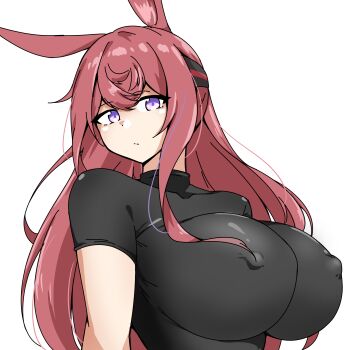 1girl absurdres animal_ears arknights black_shirt breasts closed_mouth commentary_request covered_collarbone covered_erect_nipples hair_between_eyes highres impossible_clothes large_breasts long_hair looking_at_viewer multicolored_hair pink_hair purple_eyes purple_hair ray_(arknights) shirt short_sleeves simple_background solo streaked_hair turning_head upper_body white_background xibu_cai