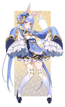 Rule 34 | 1girl, absurdres, animal ear fluff, animal ears, black footwear, blue dress, blue hair, blue hat, braid, braided bun, bright pupils, carrot background, carrot print, chinese clothes, chinese knot, commentary, detached collar, detached sleeves, don-chan (usada pekora), double bun, dress, earrings, extra ears, flat chest, food print, frilled dress, frilled skirt, frilled sleeves, frills, full body, gary huang, ghost, gold thighlet, gold trim, hair bun, hair ribbon, hat, highres, hikimayu, hololive, jewelry, jiangshi costume, juliet sleeves, knee cutout, layered dress, layered skirt, layered sleeves, legs up, long hair, long sleeves, looking at viewer, multicolored hair, official alternate costume, official alternate hairstyle, ofuda, orange eyes, paneled background, parted lips, platform footwear, pom pom (clothes), pom pom earrings, pom pom footwear, puffy sleeves, qingdai guanmao, rabbit ears, rabbit girl, ribbon, short dress, short eyebrows, sidelocks, skirt, sleeves past wrists, tassel, thick eyebrows, thighhighs, thighlet, twintails, two-tone hair, usada pekora, usada pekora (jiangshi), very long hair, virtual youtuber, white hair, white thighhighs, wide sleeves