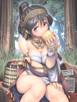 1girl apple armlet bare_shoulders basket biting black_hair bracelet breasts bridal_gauntlets cleavage detached_sleeves dress eating fantasy food forest fruit gold_armlet gold_bracelet gold_ring golden_apple grass hairband hand_on_own_knee highres holding holding_food holding_fruit idun_(norse_mythology) jewelry knees_together_feet_apart large_breasts looking_at_viewer multiple_armlets multiple_bracelets nature norse_mythology original ponytail ring short_hair solo strapless strapless_dress tan tanline treasure_chest tree white_dress white_sleeves wide_sleeves xetton