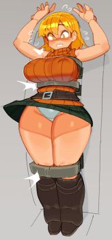 1girl absurdres ashley_graham blonde_hair blush bob_cut boots breasts brown_boots clothes_lift embarrassed highres impossible_clothes impossible_sweater large_breasts orange_shirt resident_evil resident_evil_4 restrained shirt short_hair skirt skirt_lift sleeveless sleeveless_turtleneck solo surprised sweater thick_thighs thighs turtleneck wamudraws wide_hips wind wind_lift