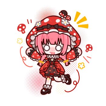 1girl anklet black_bow black_shoes black_skirt blunt_bangs bow braid bubble_skirt chibi chinese_commentary commentary_request dress flower frilled_headwear frilled_skirt frilled_sleeves frilled_thigh_strap frills glimmering_forest_(infinity_nikki) hair_over_shoulder halftone happy hat hat_bow hat_flower hat_ornament heart heart_print high_heels infinity_nikki jewelry long_hair long_sleeves low_twin_braids luoqianchen57923 miniskirt mushroom mushroom_earrings mushroom_hat mushroom_hat_ornament neck_ruff nikki_(nikki) nikki_(series) notice_lines o_o open_mouth outline outstretched_arms pink_hair pleated_dress polka_dot polka_dot_headwear polka_dot_skirt polka_dot_sleeves print_shoes puffy_long_sleeves puffy_sleeves pumps red_bow red_dress red_hat red_outline shoes short_dress skirt sleeve_bow smile solo striped_clothes striped_dress thigh_bow thigh_strap twin_braids vertical-striped_clothes vertical-striped_dress white_background white_flower