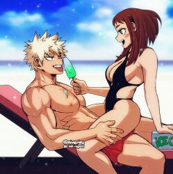 1boy 1girl armpit_crease bakugou_katsuki beach bikini blonde_hair boku_no_hero_academia breasts brown_eyes brown_hair dimples food hetero large_breasts medium_hair muscular muscular_male nipples niverins ocean pectorals popsicle red_eyes scar scar_on_chest spiked_hair swimsuit tongue tongue_out topless_male uraraka_ochako
