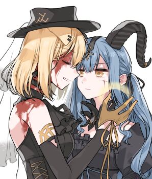 Rule 34 | 2girls, animal ears, arknights, ascot, bang dream!, bang dream! it's mygo!!!!!, black ascot, black dress, black hat, black horns, black ribbon, blonde hair, blood, blood on face, blue hair, clipe, closed eyes, closed mouth, commentary request, curled horns, detached collar, detached sleeves, dog ears, dog girl, dress, gloves, hair ribbon, hat, healing, highres, horns, kemonomimi mode, long hair, looking at another, magic, medium hair, misumi uika, misumi uika (caged singer), multiple girls, profile, ribbon, sidelocks, smile, togawa sakiko, togawa sakiko (master of melodia), two side up, upper body, white background, wrist cuffs, yellow eyes, yellow gloves