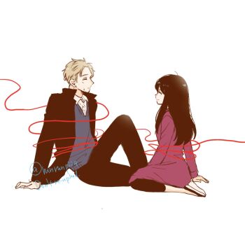 1boy 1girl black_hair blonde_hair blush closed_mouth collared_shirt couple hetero highres husband_and_wife long_hair long_sleeves looking_at_another pants shirt short_hair sidelocks simple_background spy_x_family tori_(runrunpiia) twilight_(spy_x_family) yor_briar