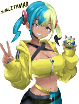1girl bandeau belt black_belt breasts canari_(pokemon) commentary cropped_jacket eyelashes grin hands_up happy highres holding holding_poke_ball hood hooded_jacket jacket looking_at_viewer mask mask_pull mouth_mask multicolored_hair multicolored_nails nail_polish navel nintendo open_clothes open_jacket pants poke_ball pokemon pokemon_legends:_z-a quick_ball shalitamary smile solo teeth v white_background yellow_bandeau yellow_jacket zipper zipper_pull_tab