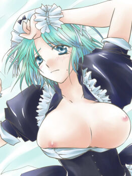 1girl alice_soft blue_eyes blush breasts breasts_out female_focus frills green_hair kikkawa_kiku kyouya maid mole nipples rance_(series) sengoku_rance solo