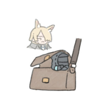 Rule 34 | 1boy, 1other, animal ear fluff, animal ears, arknights, black jacket, blonde hair, box, cardboard box, chibi, chickenuma 0, closed eyes, commentary request, doctor (arknights), hair over one eye, highres, holding, holding weapon, hood, hood up, hooded jacket, horse boy, horse ears, in box, in container, jacket, male focus, mlynar (arknights), necktie, simple background, weapon, white background, white necktie