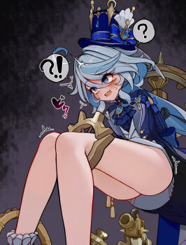 !? ? ahoge ass bare_legs blue_eyes blue_hat blush bound full-face_blush furina_(genshin_impact) genshin_impact hat highres lucifina_006 machine machinery restrained sweatdrop