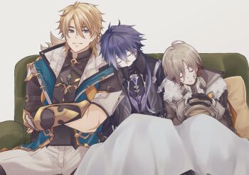 3boys ahoge bandage_on_face bandages black_gloves blanket blonde_hair blue_eyes closed_eyes coat commentary_request couch crossed_arms flins_(genshin_impact) fur_trim genshin_impact gloves head_on_another's_shoulder highres illuga_(genshin_impact) jacket lamp long_hair looking_at_another multiple_boys omame08_0w0 pillow scar scar_on_arm sitting sleeping sleeves_rolled_up smile varka_(genshin_impact)