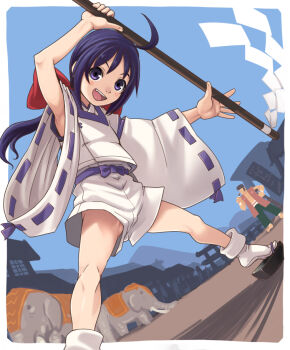 1boy 1girl :d ahoge armpits bad_id bad_pixiv_id bakumatsu_rouman blue_eyes blue_hair bow clogs dutch_angle elephant fang full_body gohei hair_bow haori ichijou_akari japanese_clothes kanzaki_juuzou loli long_hair looking_at_viewer miko onmyouji open_mouth ponytail purple_eyes purple_hair red_bow sandals shorts smile snk socks stupa13a tabi upshorts white_shorts