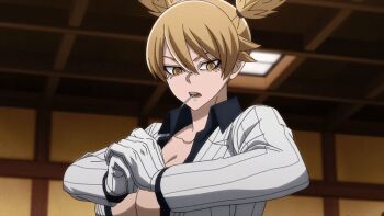 Rule 34 | 1girl, 2025, 20s, animated, animated gif, anime screenshot, black shirt, breasts, brown eyes, brown hair, bursting breasts, closed mouth, collarbone, collared shirt, cracking knuckles, hair between eyes, huge breasts, jacket, lollipop in mouth, looking at viewer, momokusa yomogi, shirt, skirt, solo, tagme, tougen anki, twintails, white jacket