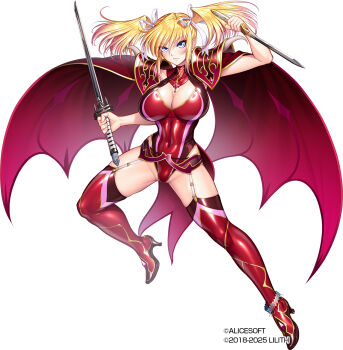 1girl alice_soft angry asymmetrical_dual_wielding blonde_hair blue_eyes choukou_(alicesoft) choukou_taisen_escalation_heroines covered_navel dagger dual_wielding full_body highres holding holding_dagger holding_knife holding_sword holding_weapon knife leg_up lilith-soft looking_at_viewer official_art shinganji_kurenai sword tachi-e taimanin_(series) taimanin_kurenai thick_thighs thighs weapon zol