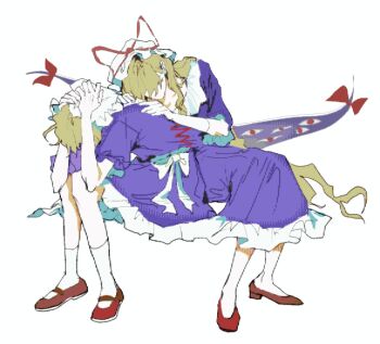 2girls blonde_hair closed_eyes dress dual_persona elbow_gloves frills full_body gap_(touhou) gloves hands_on_another&#039;s_back hands_on_own_head leaning_on_person long_hair maribel_hearn medium_hair multiple_girls no_mouth poxiao354 purple_dress red_shoes ribbon shoes sitting socks touhou very_long_hair white_background white_gloves white_socks yakumo_yukari